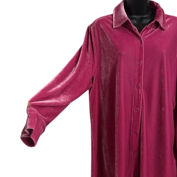 Soft Surroundings Velvet Boyfriend Tunic in Fiery Fuchsia Button Down Sz L - Picture 5 of 10